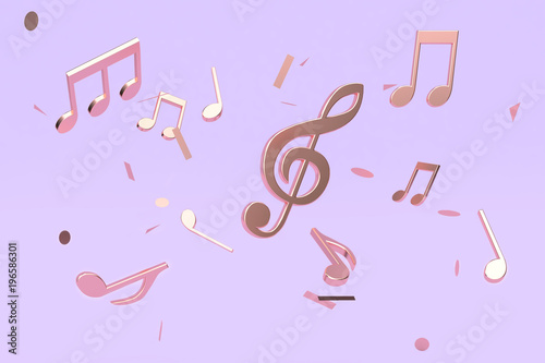 abstract many metallic copper key note music floating violet-purple background 3d rendering