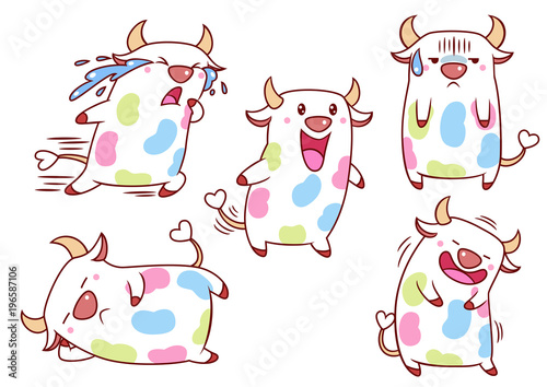 Set of cute cartoon cows with colour spots in different poses.