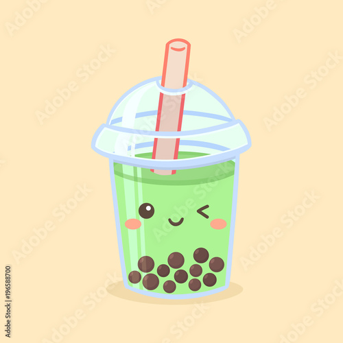 Cute Boba Bubble Green Tea Drink Plastic Glass Vector Illustration Cartoon Character Icon
