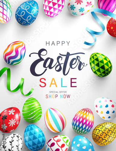 Easter Day Sale banner background template with Colorful Painted Easter Eggs and space for your text.Vector illustration EPS10