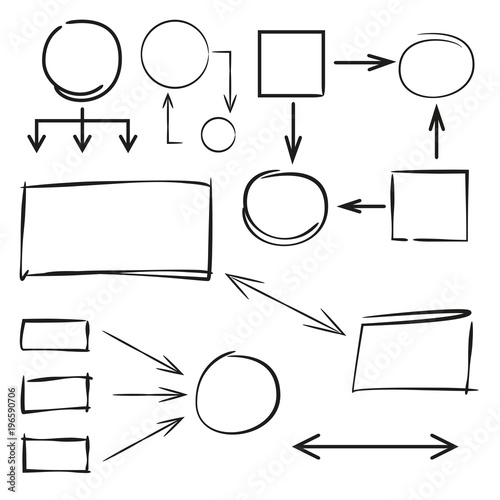 hand drawn diagram elements, arrows, circle and rectangle set