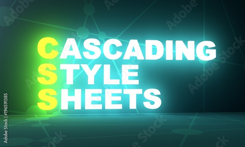 Acronym CSS - Cascading Style Sheets. Internet conceptual image. 3D rendering. Neon bulb illumination