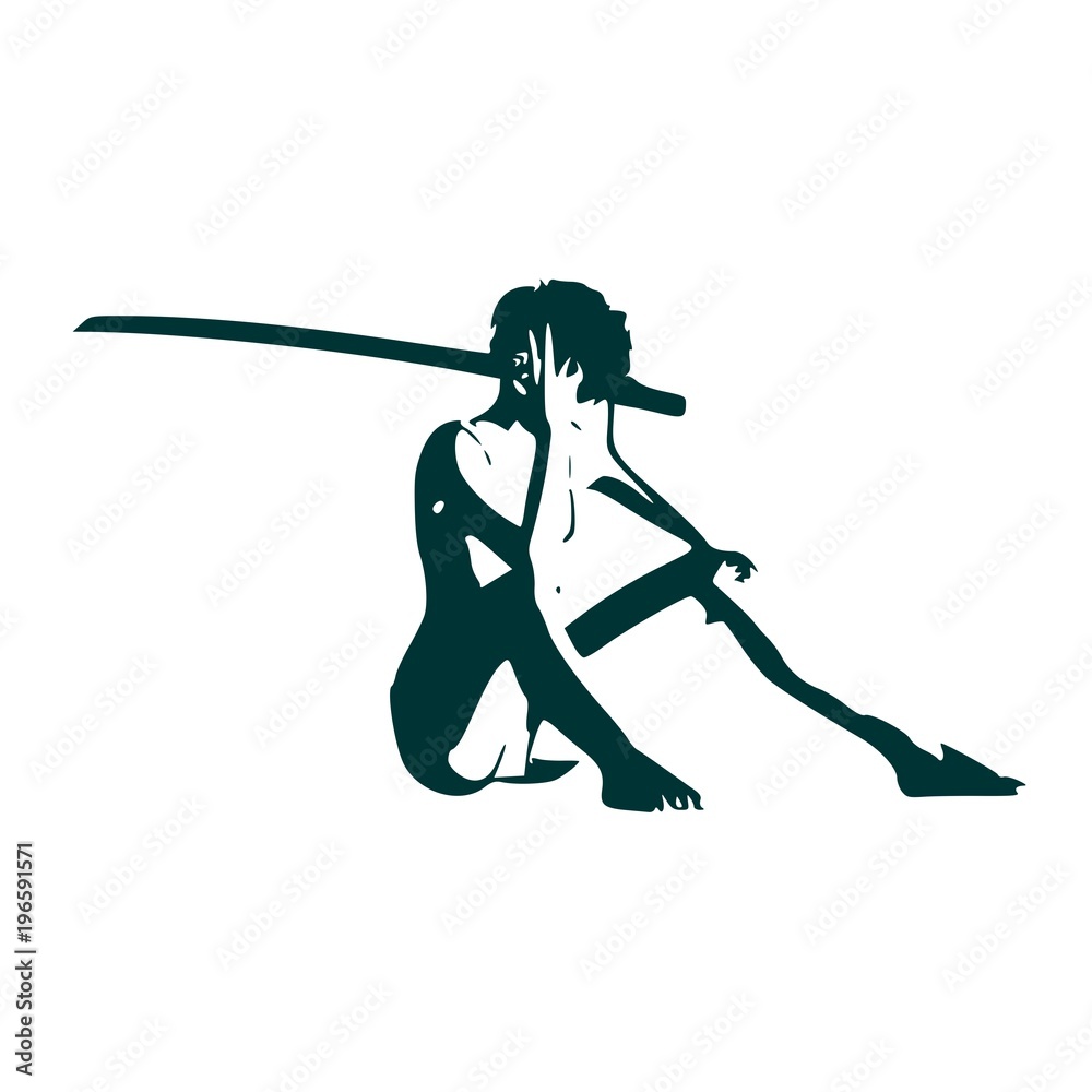 Illustration of a woman sitting on the floor and holding sword. Sadness and grief. Illustration of a woman sitting on the floor and holding sword. Sadness and grief.