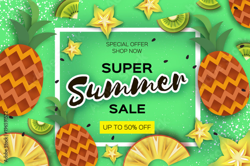 Pineappple, carambola, kiwi. Ananas and starfruit Super Summer Sale Banner in paper cut style. Origami juicy ripe slices. Healthy food on blue. Square frame for text. Summertime. photo