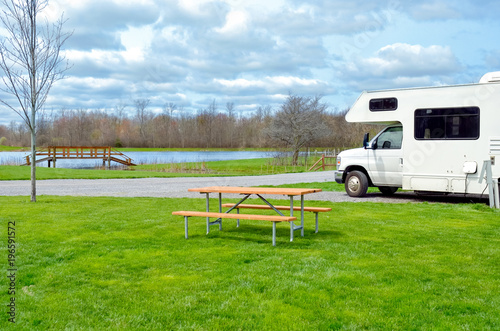 RV camper in camping, family vacation travel, holiday trip in motorhome caravan
