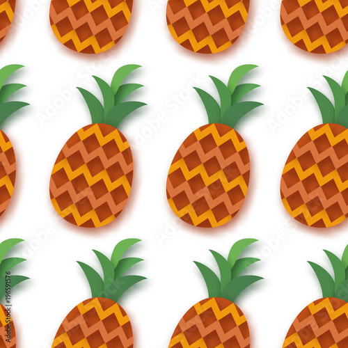 Pineappple seamless pattern. Anana in paper cut style. Origami Healthy food on white. Summertime. photo