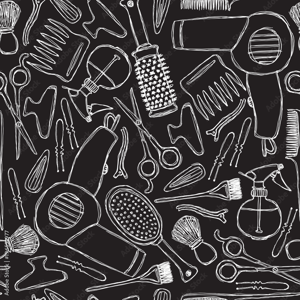 Seamless black-and-white pattern with hairdressers tools. Seamless black-and-white pattern with hairdressers tools.