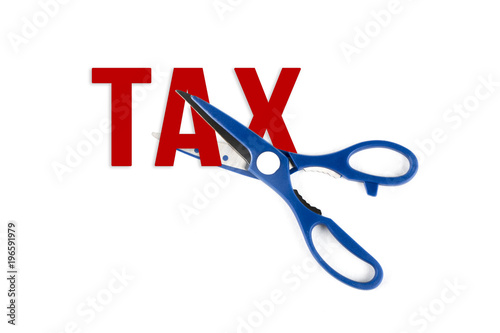 Scissor cutting text of tax isolated on white background.