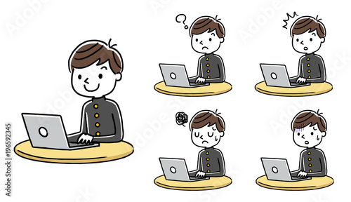 男子学生：インターネット、パソコン、セット、バリエーション