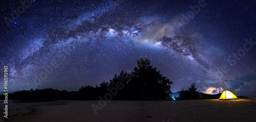 Stitched Panorama of Bright milky way during clear night sky for background. image contain soft focus, blur and noise due to long expose and high iso.