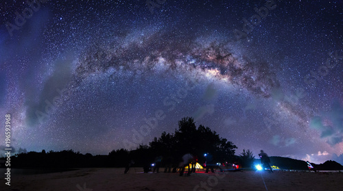 Stitched Panorama of Bright milky way during clear night sky for background. image contain soft focus, blur and noise due to long expose and high iso.