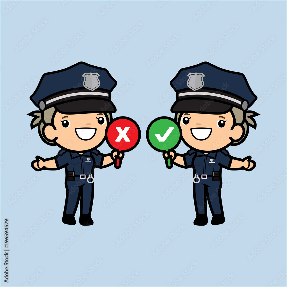 Cute Cops holding signage ,standing and smile , Police woman or officer security in uniform illustration, Vector illustration in a flat style Cute Cops holding signage ,standing and smile , Police woman or officer security in uniform illustration, Vector illustration in a flat style
