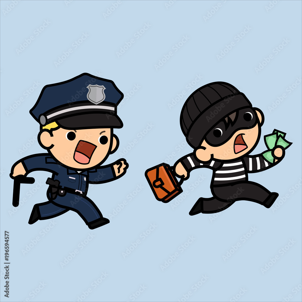 Police officer, policeman or Cop running try to chasing a thief ,Vector  illustration in a flat style , Cute cartoon. Stock Vector | Adobe Stock