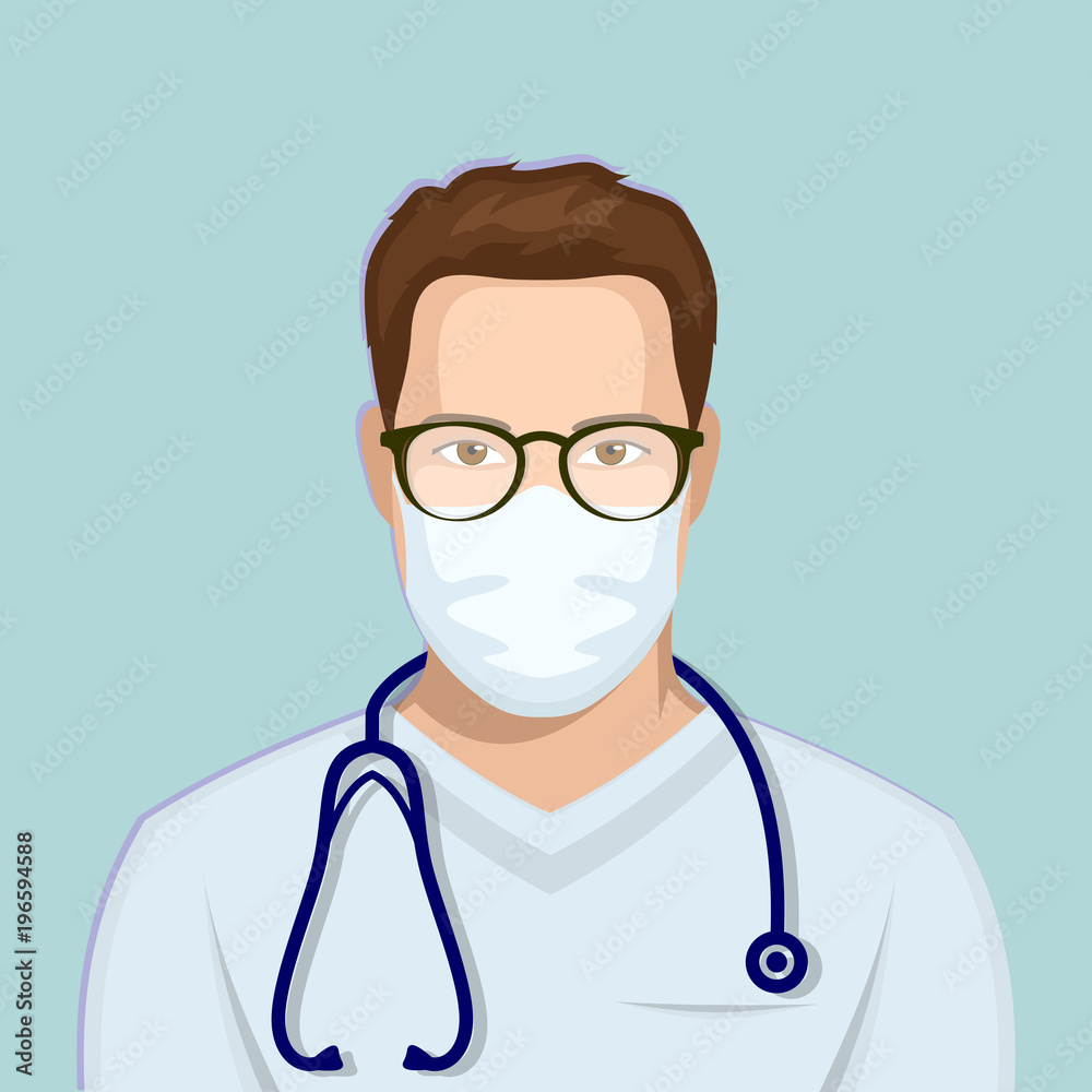 Young male Medical Doctor  in protective mask with stethoscope. Flat style. Vector illustration