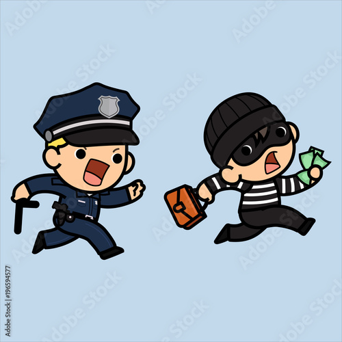 Police officer, policeman or Cop  running try to chasing a thief ,Vector illustration in a flat style , Cute cartoon.