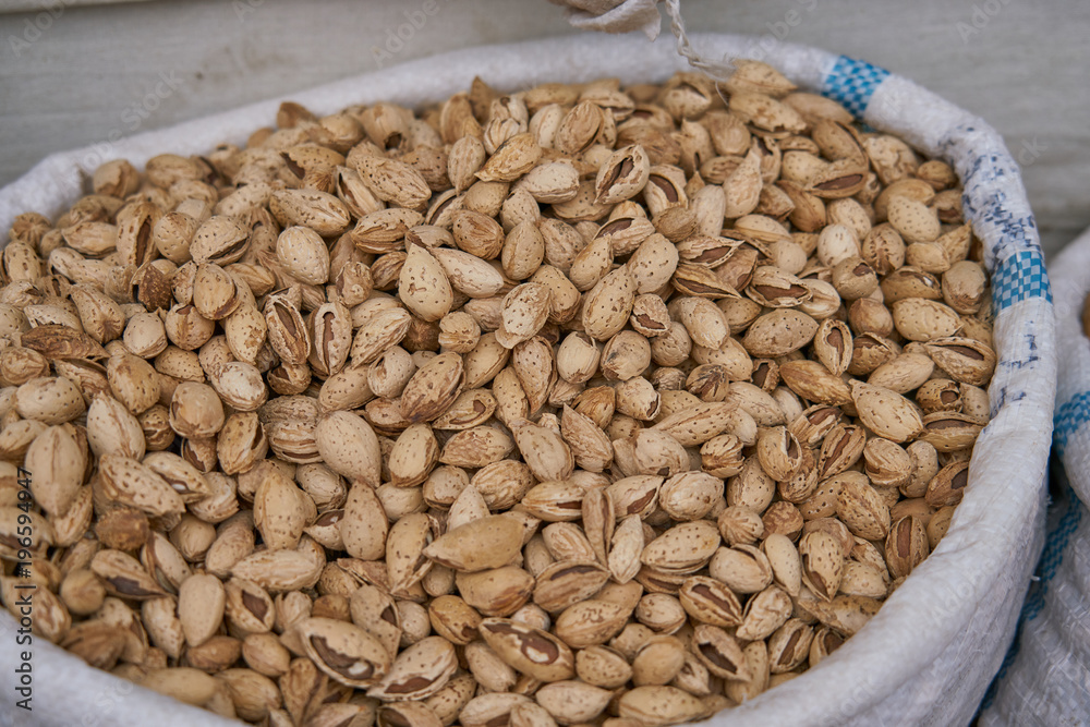 Raw shelled almonds in bag in orient market Raw shelled almonds in bag in orient market