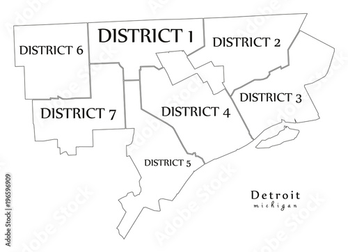 Modern City Map - Detroit Michigan city of the USA with districts and titles outline map