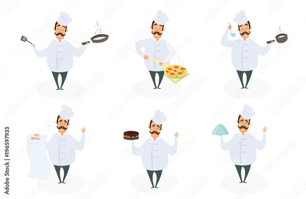 Funny characters of chef in action poses.