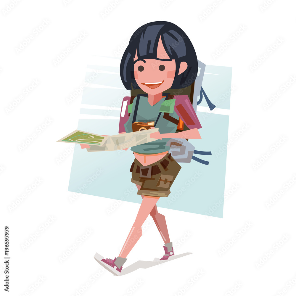 young female walking and looking at map with backpack. tourist concept - vector