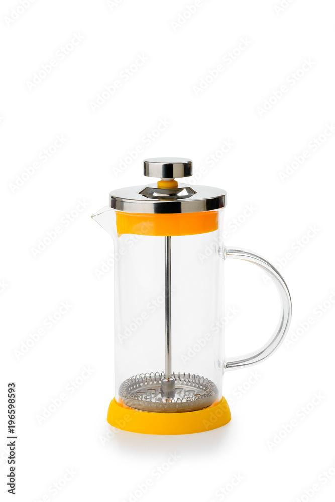 Empty glass French press for coffee and tea, isolated on white background Empty glass French press for coffee and tea, isolated on white background