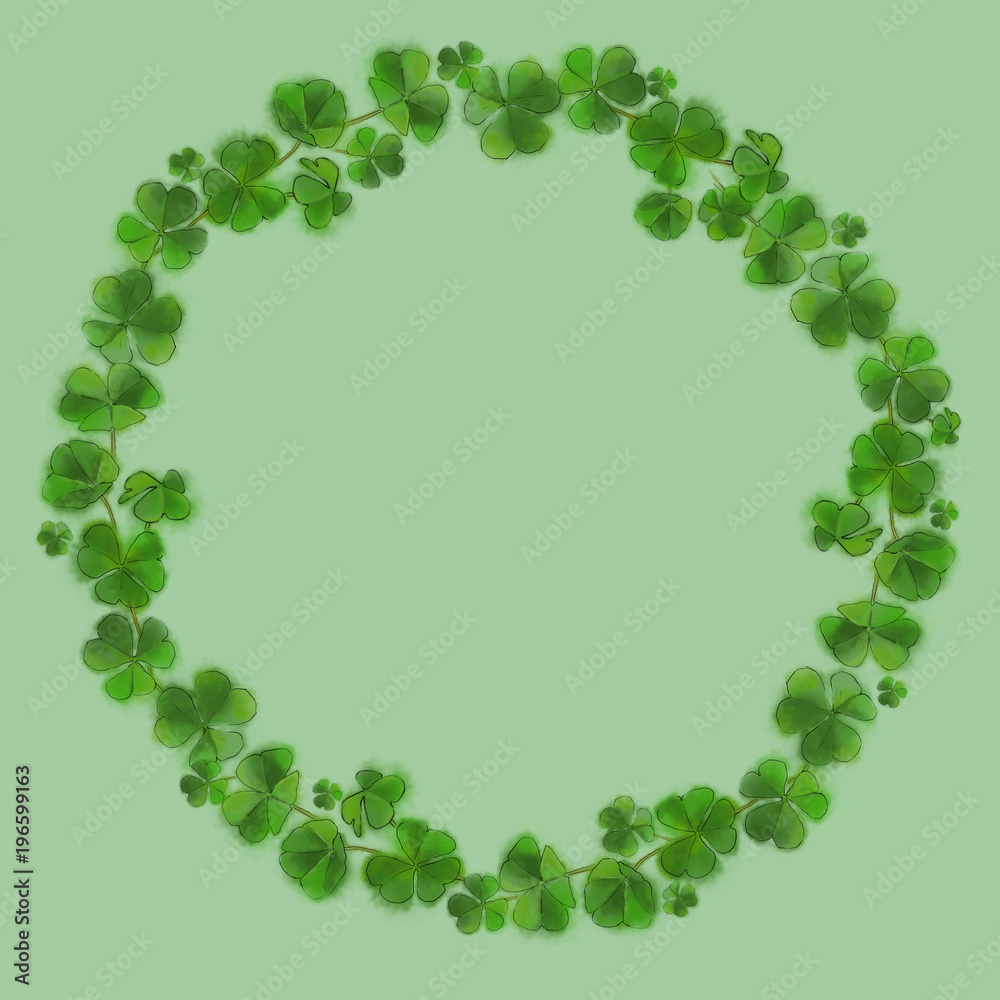St'Patrick Green on Green Wreath Design. Shamrock Wreath on Green Background with Copy Space. Irish Good Luck Charm. St'Patrick Green on Green Wreath Design. Shamrock Wreath on Green Background with Copy Space. Irish Good Luck Charm.