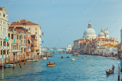 Basilica Santa Maria della Salute, Venice, Italy. Landscape Grand Canal with gondolas and boats. © Buyanskyy Production