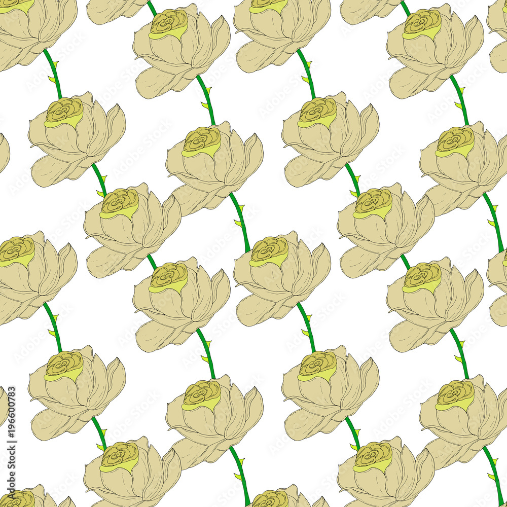 Raster colored pattern with yellow peony roses on white field. Raster colored pattern with yellow peony roses on white field.