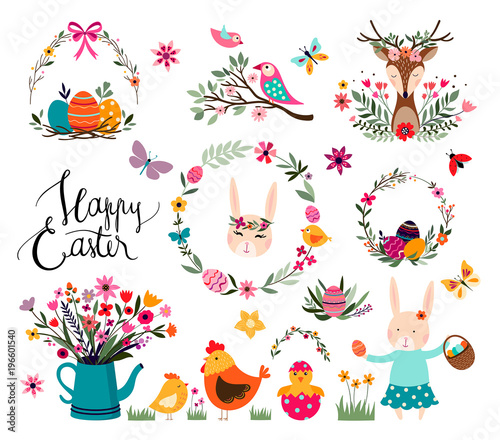 Easter elements collection with seasonal hand drawn items