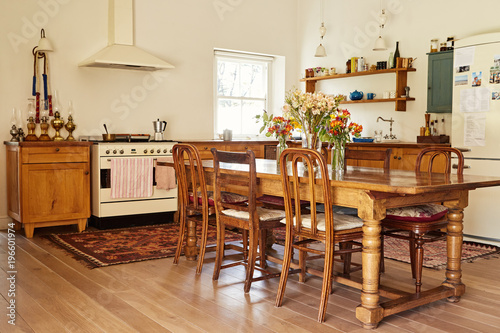 Dining area and kitchen in a country style home