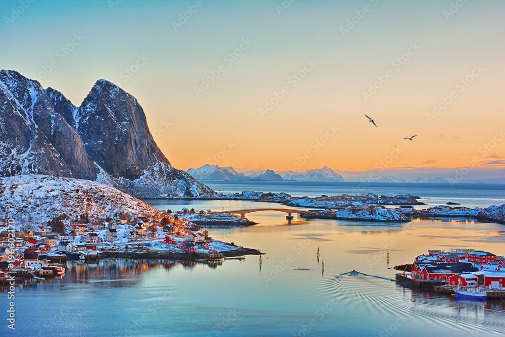 Beautiful sunrise landscape of picturesque fishing village in the Lofoten islands, Norway