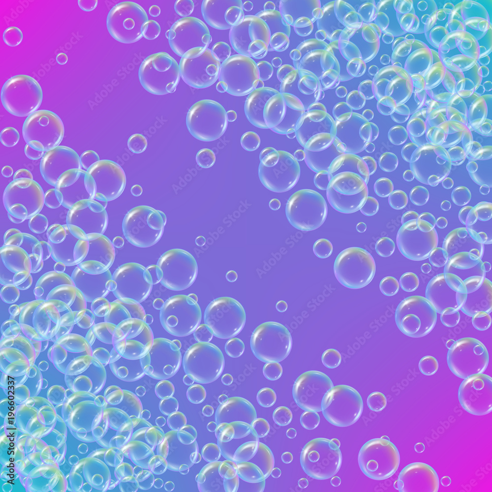 Shampoo foam diagonal frame with realistic water bubbles on trendy gradient background. Cleaning liquid soap foam for bath and shower. Shampoo rainbow bubbles. Swimming pool flyer and invite.