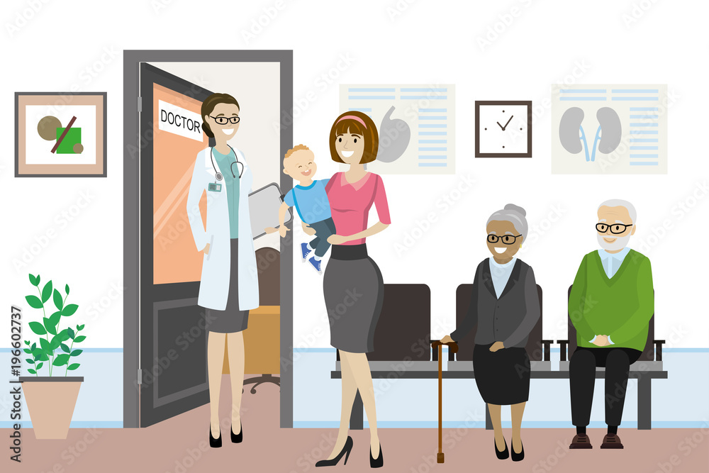 Cartoon open door to the doctor's office and different people are waiting Cartoon open door to the doctor's office and different people are waiting
