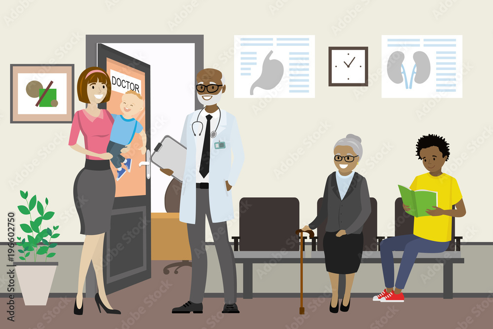Cartoon african american doctor talking to a caucasian female Cartoon african american doctor talking to a caucasian female