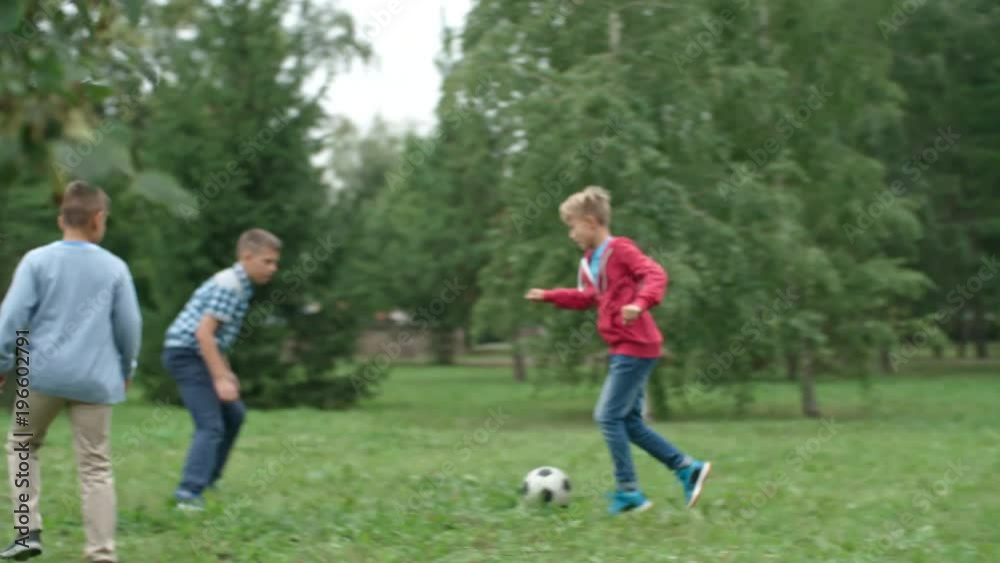 Group of boys of primary school age playing football in park and trying to kick it towards goal line Group of boys of primary school age playing football in park and trying to kick it towards goal line