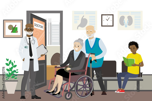 african american doctor and waiting people near doctor office
