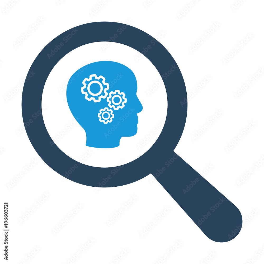 Magnifying optical glass with Head With Gears icon on white background Magnifying optical glass with Head With Gears icon on white background