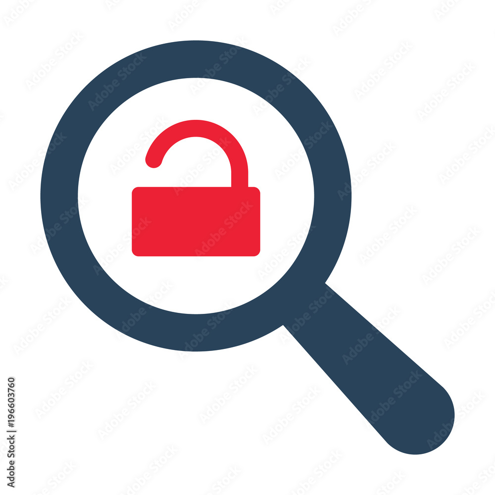Magnifying optical glass with Opened Padlock icon on white background Magnifying optical glass with Opened Padlock icon on white background