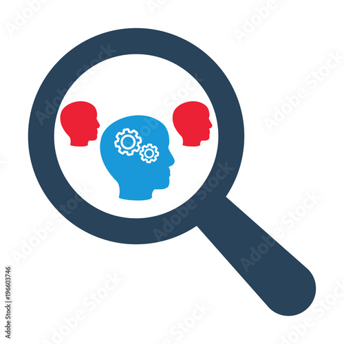 Magnifying optical glass with Head Whis Gears icons on white background