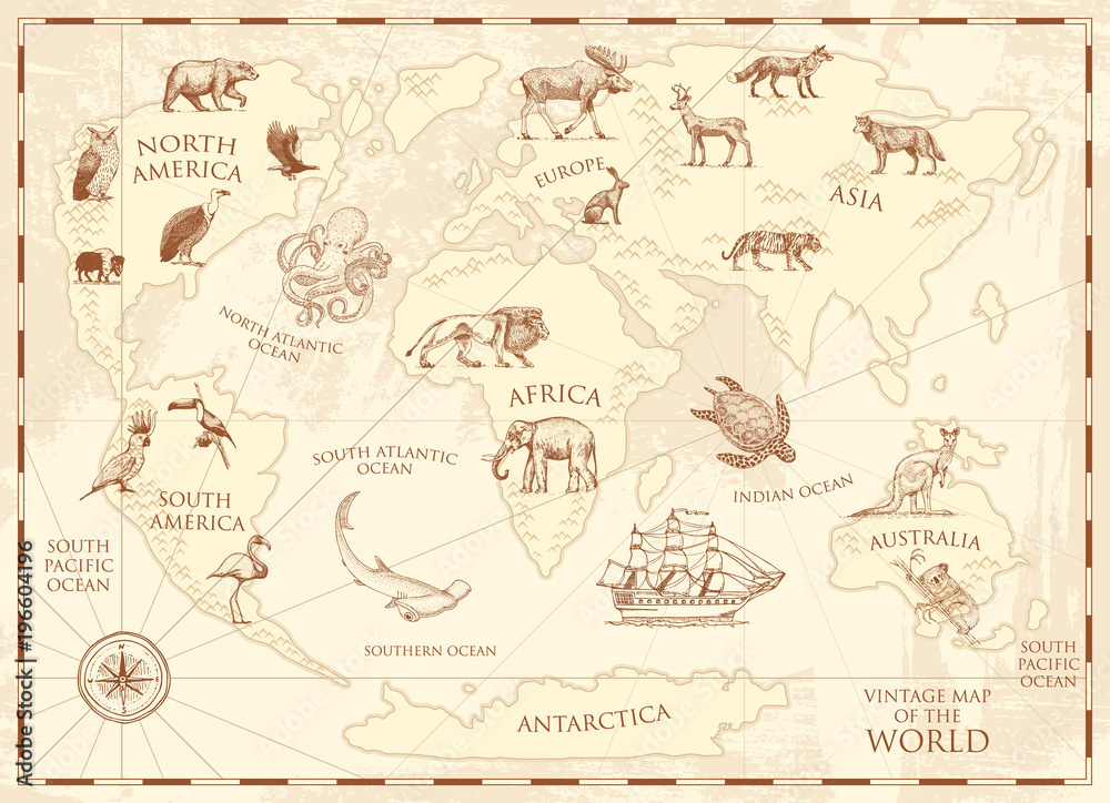 Vintage world map with wild animals and mountains. Sea creatures in the ocean. Old retro parchment. wildlife on earth concept. background or poster for kids. engraved hand drawn, mainland and island.