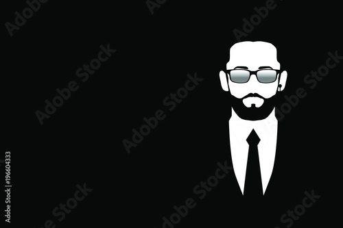 Man in black suit and sunglasses. Symbol safety. Bodyguard, security, face control, bouncer. Isolated flat vector illustration on black background