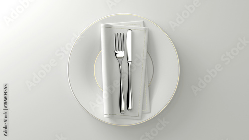 Couverts au design épuré. Fourchette, couteau, serviette sur une assiette. Rendu 3D.
