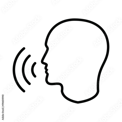 Icon voice command with sound waves. Sign speaking man. Black symbol head  silhouette isolated on white background. Vector illustration