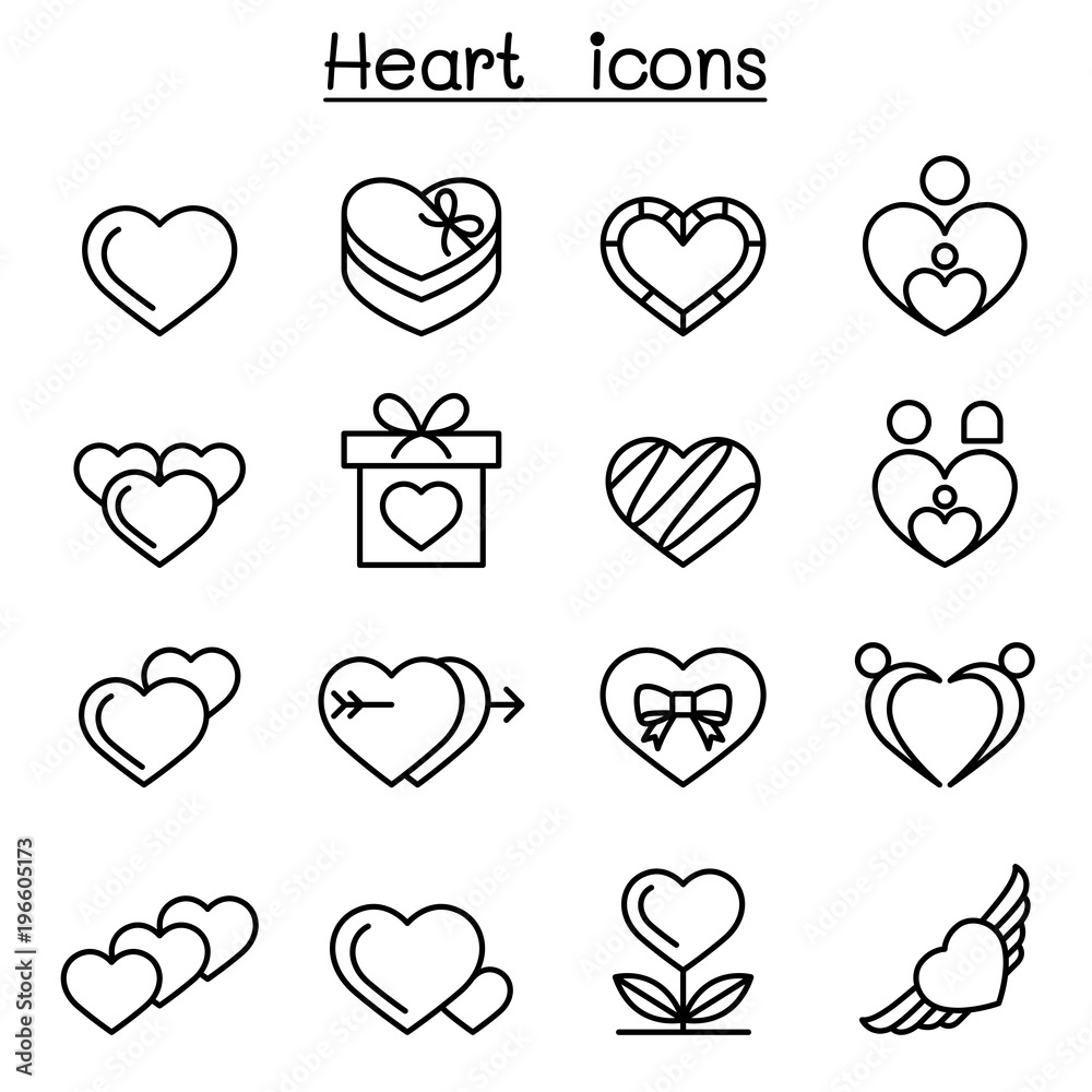 Heart icon set in thin line style