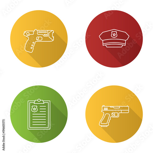 Police flat linear long shadow icons set