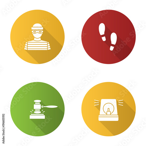 Police flat design long shadow glyph icons set
