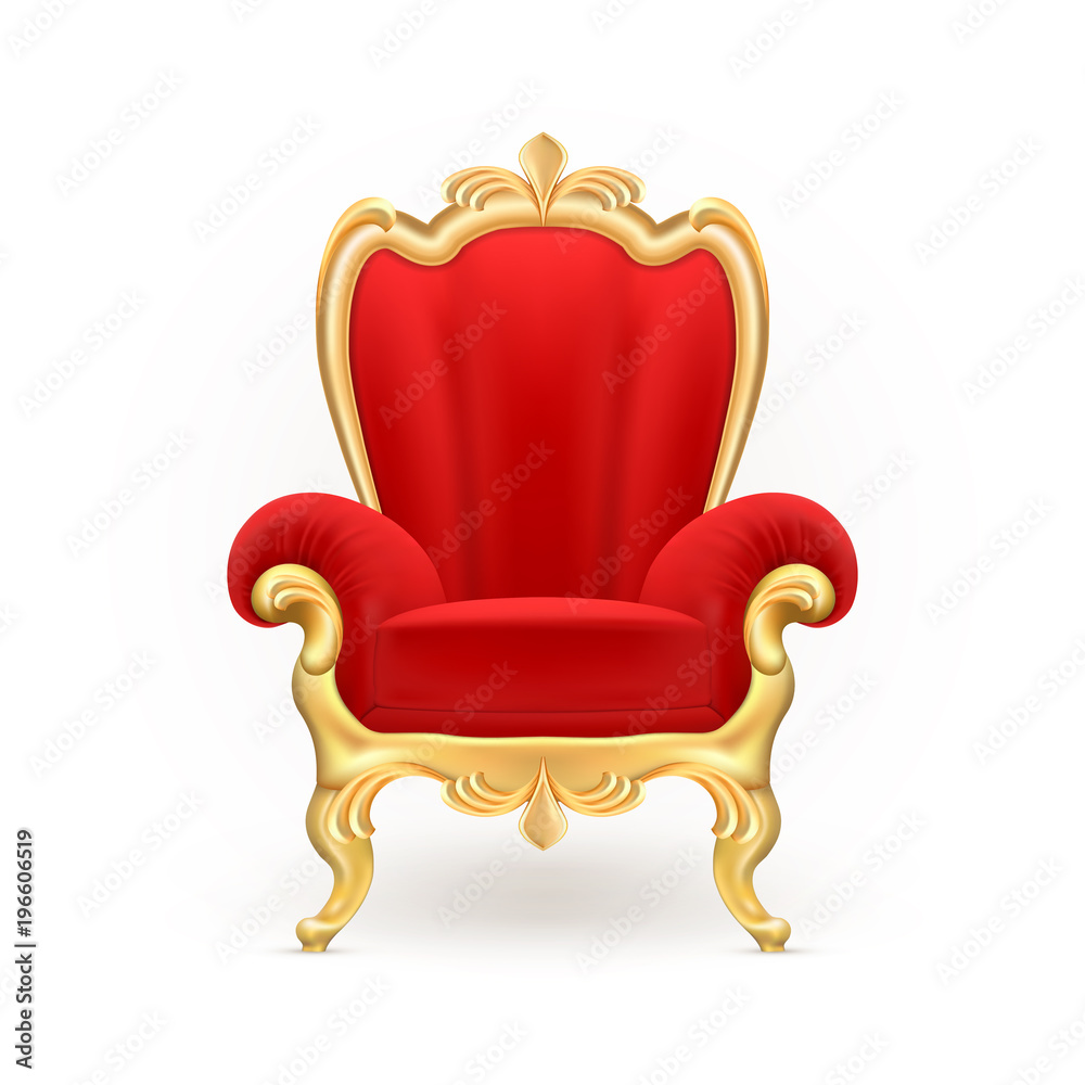 Vector realistic royal throne, luxurious red chair with carved golden legs  isolated on background. Gilded antique armchair in victorian style. Object  of expensive, exclusive furniture for vip person vector de Stock
