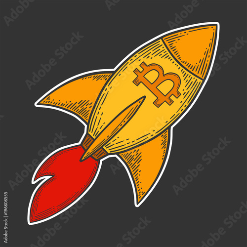 Bitcoin growth and increase stock vector image, digital currency, cryptocurrency money, bitcoin symbol. Doodle and engraved style illustration, hand drawn rocket