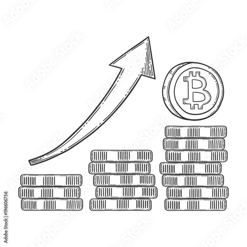 Bitcoin growth and increase stock vector image, digital currency, cryptocurrency money, bitcoin symbol. Doodle and engraved style illustration, hand drawn. Isolated on white background