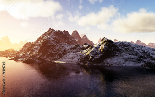 Beautiful 3D illustration with a view of the peak of the Alpine mountains.Landscape of mountains with snowy peaks.