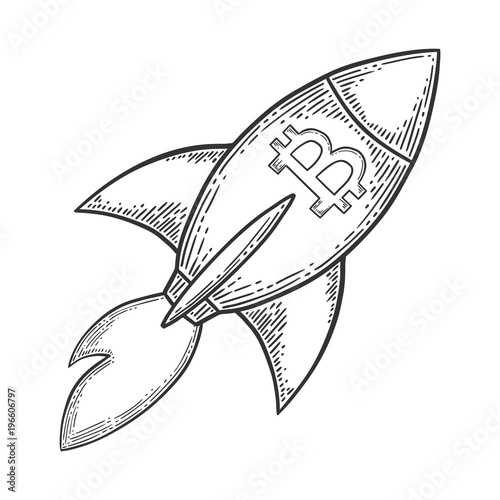 Bitcoin growth and increase stock vector image, digital currency, cryptocurrency money, bitcoin symbol. Doodle and engraved style illustration, hand drawn rocket. Isolated on white background